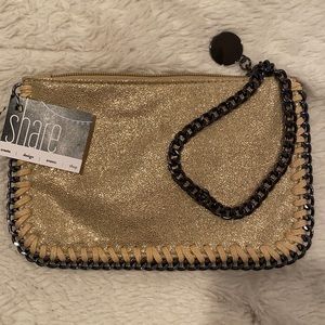NWT Sueded gold metallic clutch 5x8” pewter chain
